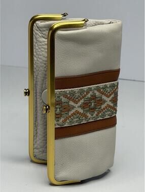 HOBO Lauren Brass Double Frame Cream Pebble Leather Embroidered Clutch Wallet
